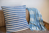 Oversize Indigo Blue Pillow, 24x24, with finely woven off-white and blue stripes.