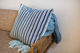Vintage indigo blue pillow, finely woven with contrasting off-white stripes, 24x24.