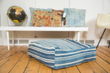 Handmade Vintage Light Blue Indigo Floor Pillow, featuring striped African textile, 30x30 inches.