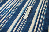 Vintage African indigo textile close-up, showing handwoven texture and visible repair.