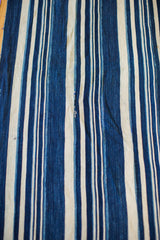 Textured hand-woven indigo striped cotton textile, showing authentic vintage character.