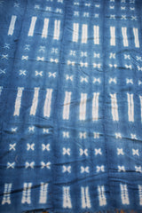 Intricate blue and white geometric motifs on a hand-dyed vintage indigo textile close-up.