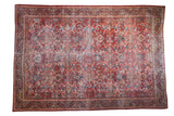 Antique Persian Mahal rug, distressed rusty orange field, allover floral design, blues, cream, 7'1