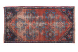 Distressed antique Mehrevan rug fragment with deep burgundy field, sky blue geometric palmettes, 2x4.
