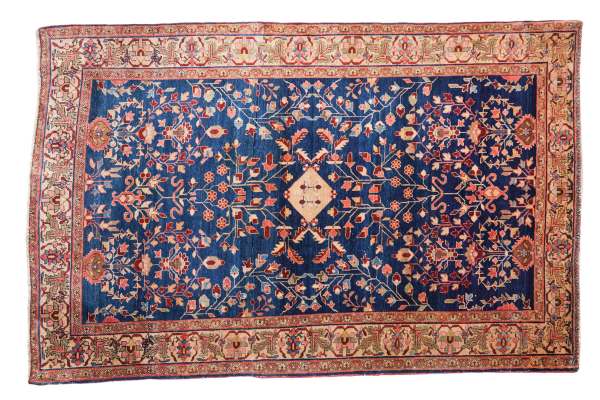 Vintage 1920s Farahan Sarouk rug in brilliant royal blue, allover floral motif, 4'2" x 6'5".