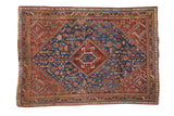 Antique Shiraz rug, vivid sky blue samovar medallion on deep maroon field, 4'8