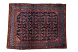 Vintage Persian Engelas rug with an intricate Herati design on a navy field, framed by red and sky blue borders.