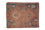Distressed antique Caucasian square rug with a flat rust field and geometric blue motifs, 2'10