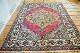 Vintage raspberry Meshed rug with ornate dark sand medallion, slate blue spandrels, 3'4