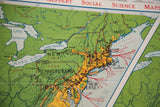 Vintage USA map close-up: red Revolutionary War routes and colonial industry labels across eastern states.