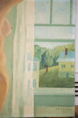 Nude figure's skin tone against mint green wall and painted landscape view.
