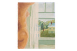 Vintage 1950 painting of nude woman, mint green interior, yellow houses, R.P. Hanson signed.