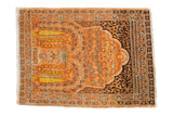 Antique Jalili Tabriz prayer rug, fine tree-of-life motif in terra cotta, brown, and yellow.
