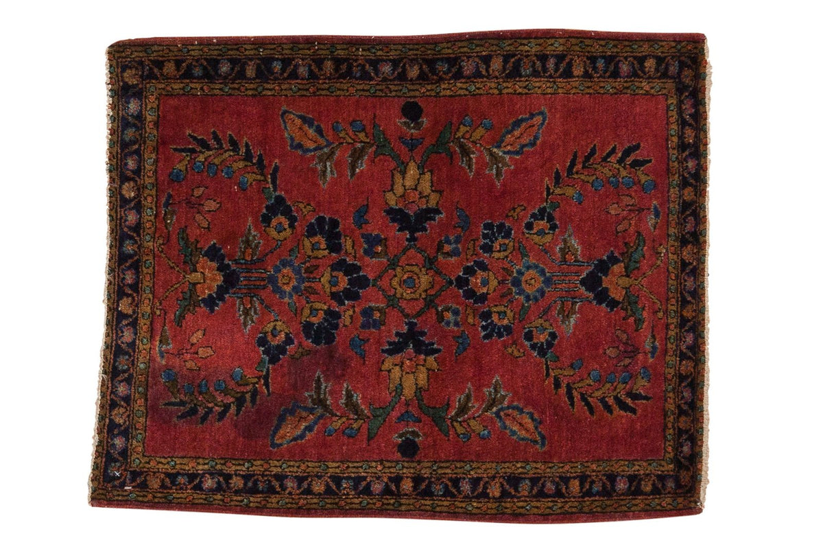 Vintage Mohajeran Sarouk rug mat, deep cherry red, mirrored laurel wreath design, 1'11" x 2'6".