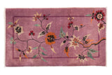 Deep mauve purple Vintage Art Deco rug with sprawling floral vines and banded border.