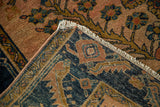 Antique Lilihan rug fringe detail, rosy Herati field, and unique turtle samovar border.