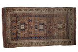 Antique Belouch rug with distressed pile, triple medallions, reddish-brown, navy, ivory, 2'10