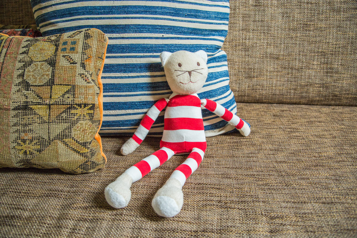 Natural Kids Toy Cat with white face and red and white striped body, 16 inches tall.