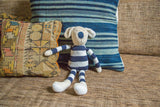 Natural organic cotton dog toy in blue and white stripes, 16 inches tall.