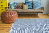 Organic cotton navy and white rag rug, soft chevron pattern, white fringe, 4x6.
