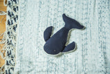 Head and front flippers of dark blue organic cotton whale toy.