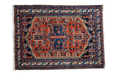 Vintage 1930s Hamadan rug, rust red field, unique navy blue medallion, ivory motifs, 1'11