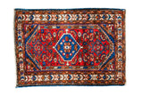 2x3 Persian Borchalou rug mat with cherry red field, gem blue medallion, Herati design.