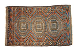 Antique Beshir rug with triple gul pattern in chestnut brown, gem blue, madder red, saffron yellow, 2'2