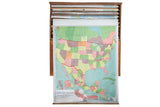 Antique circa 1900 McConnell school pull-down map of USA, vibrant pastel states, red borders.