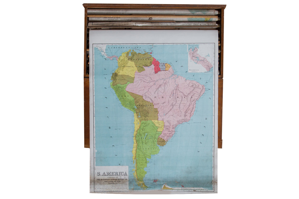 Vintage Pull Down Map South America // ONH Item 2188