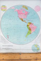 Bottom detail of antique Western Hemisphere map, showing publisher information and discoloration.