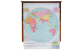 Antique circa 1900 pull down Eastern Hemisphere map, vibrant pink, yellow, blue, bottom discoloration.
