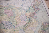 Detail of 1910s USA map, Great Lakes to Mid-Atlantic, with pastel tones and lower edge discoloration.
