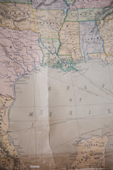 Detail of antique USA and Mexico map, with southern regions in subdued pastel colors.