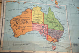 Vintage map detail of orange Victoria, red Tasmania, and grey New South Wales.