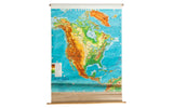 Mid-Century North America pull down map featuring vibrant colors, mid-century typography, and visible creasing.