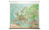 Vintage 1930s Europe physical environment pull-down map, subdued blues and greens.