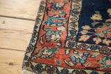 Antique Farahan Mohajeran Sarouk rug: rich blush rose border, powder blue palmette design, and secured selvage.