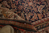 Antique Malayer rug: tight herati motif on dark blue field, detailed border, and edge fraying.
