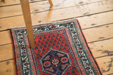 Serrated navy blue medallion with herati leaves on red rust vintage Engelas rug.