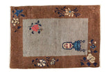 Antique Art Deco Chinese rug, circa 1910, with grey field, vase, bronze floral border.