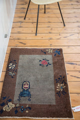 Antique Art Deco Chinese mat, grey field featuring antique vase, bronze floral border, fringe.