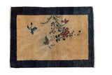 Antique Peking rug mat, beige gold field, dark cobalt border, floral tendrils, butterflies, 2' x 2'7
