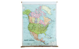 Antique 1916 W & AK Johnston pull down map of North America, pastel and blue.