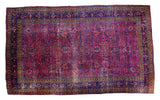 Vintage Meshed carpet, distressed burgundy plum field, allover floral palmette design.