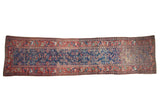 Antique Kurdish Bidjar runner: indigo allover herati design, madder red borders, striated abrash, 3'7