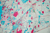 Vintage Northern Westchester map close-up: New Castle, Pleasantville, blue waterways, pink areas.