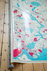 Close-up of vintage Northern Westchester map showing bottom black dowel and blue coastal waters.