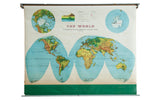 Vintage 1960s Rand McNally world map, faded green and tan continents, 52x67 inches.