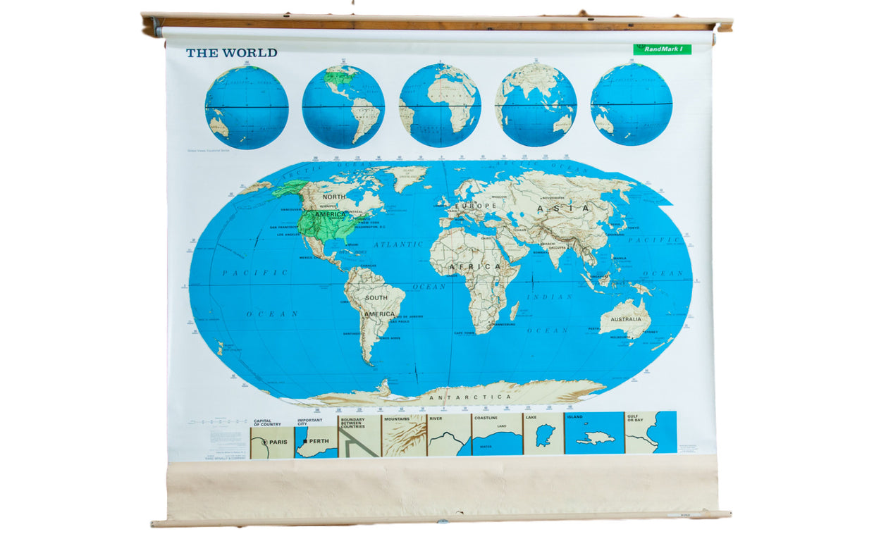 Vintage Markable World Pull Down Map // ONH Item 2237